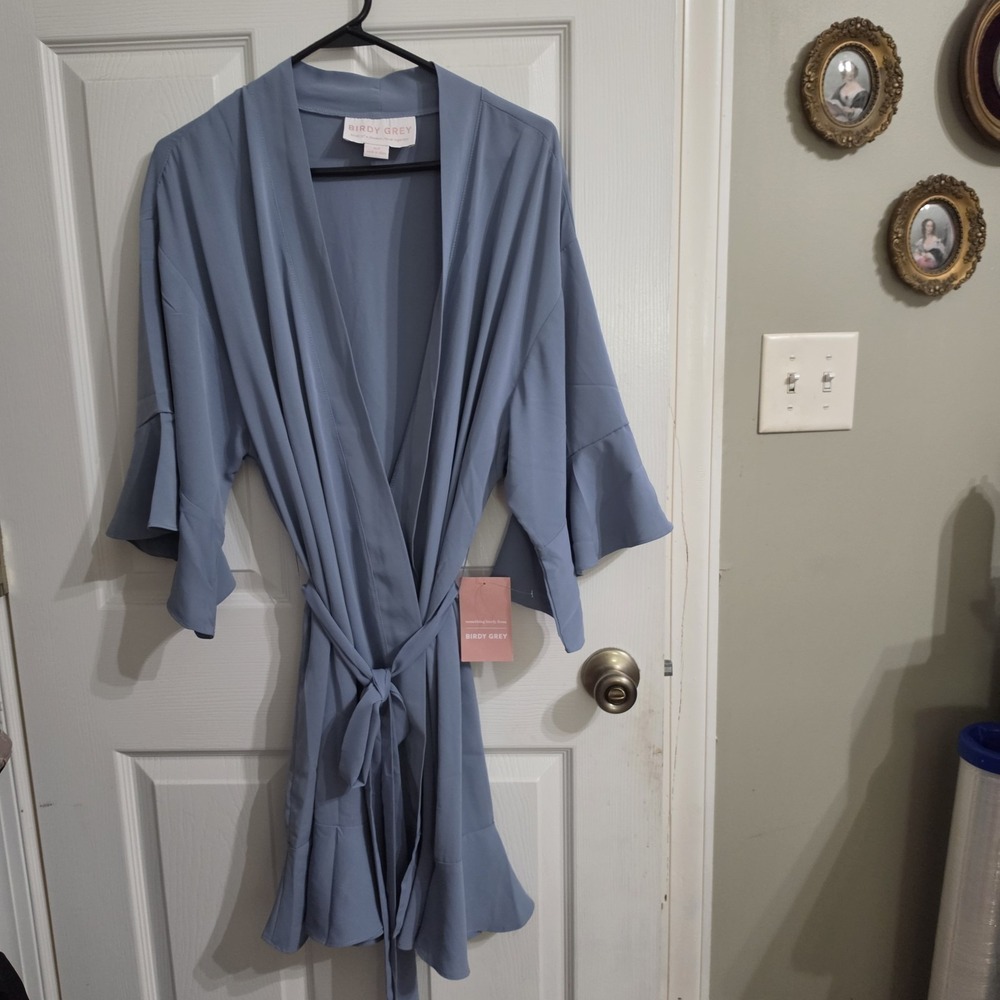 Birdy Grey Satin Kenny Ruffle Robe in Dusty Blue Size M/L